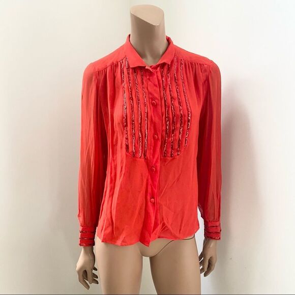 Celine Paris Vintage Red Silk sequins stripes detail Button Blouse S - Picture 3 of 12